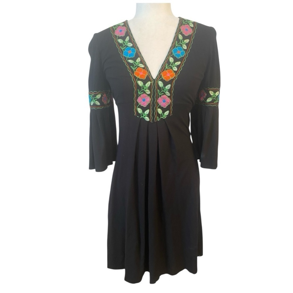 Cache Womens Black Boho Bell Sleeve Embroidered Dress